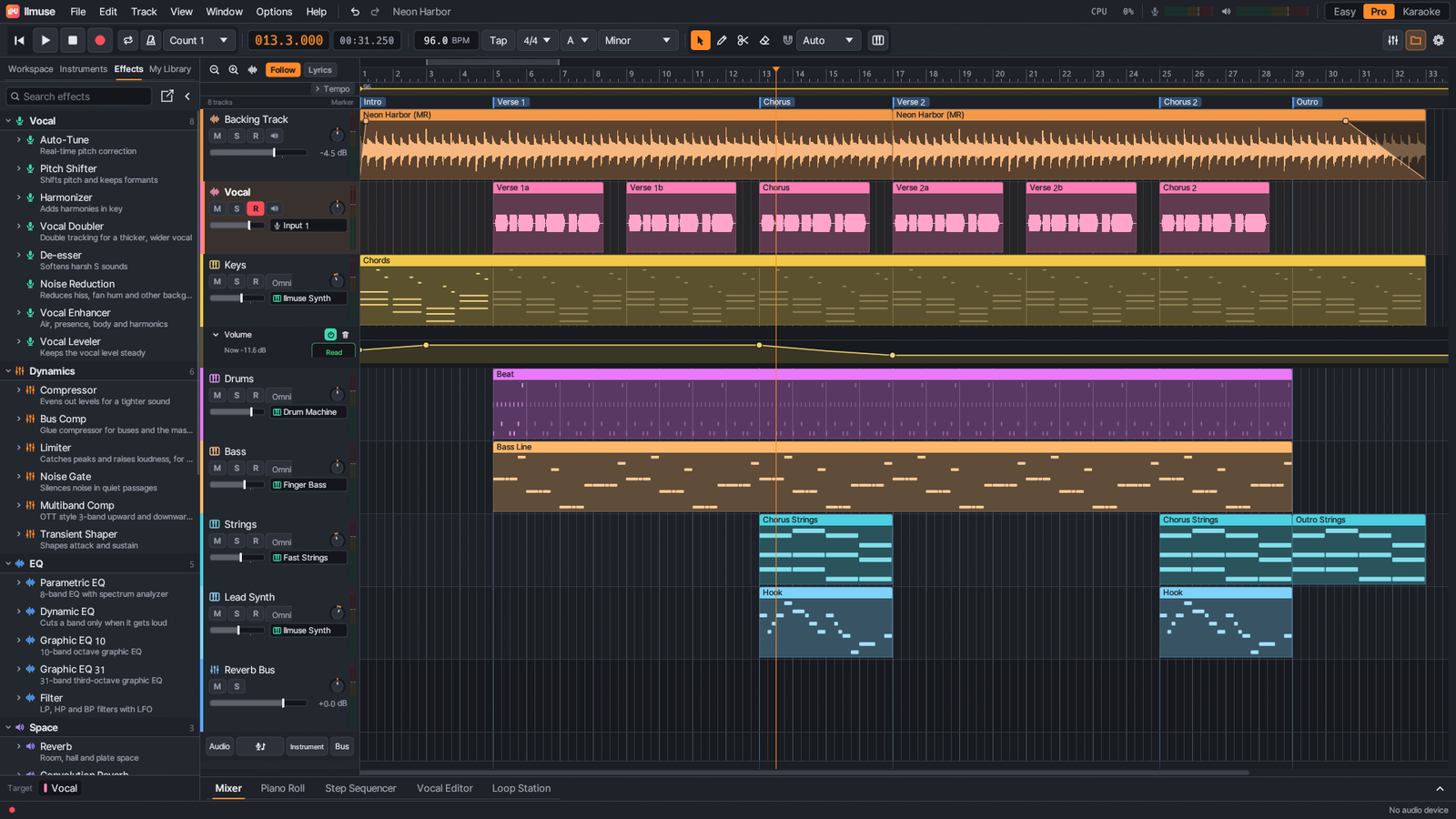 llmuse in Pro mode with an eight-track song: section markers, vocal takes, MIDI parts and an automation lane