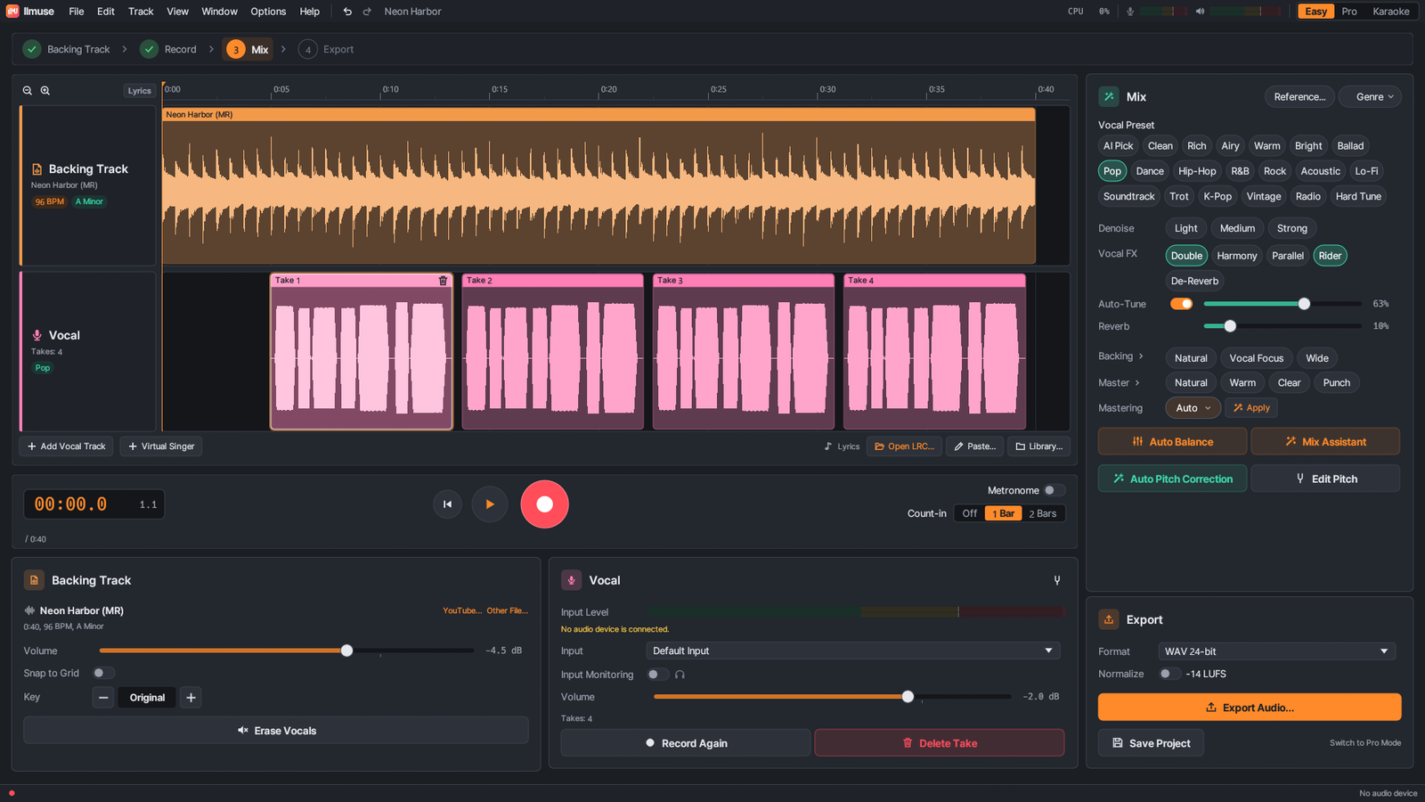 Easy mode with a backing track, four recorded takes, mix presets and export in one window