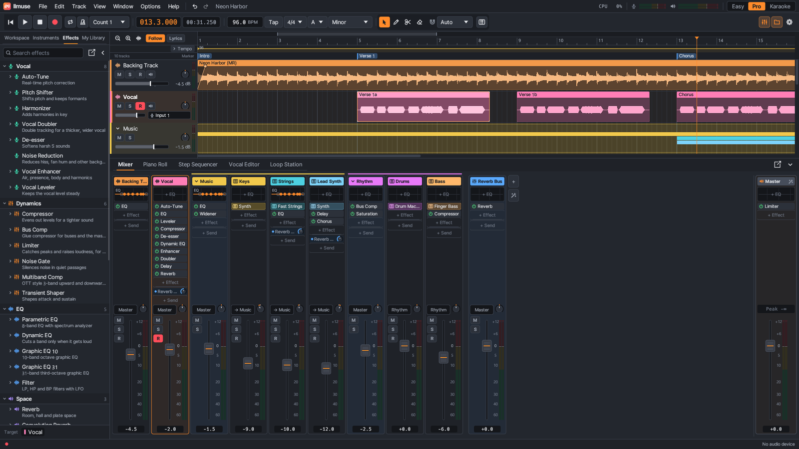 The mixer with two track groups, effect chains, sends and a reverb bus
