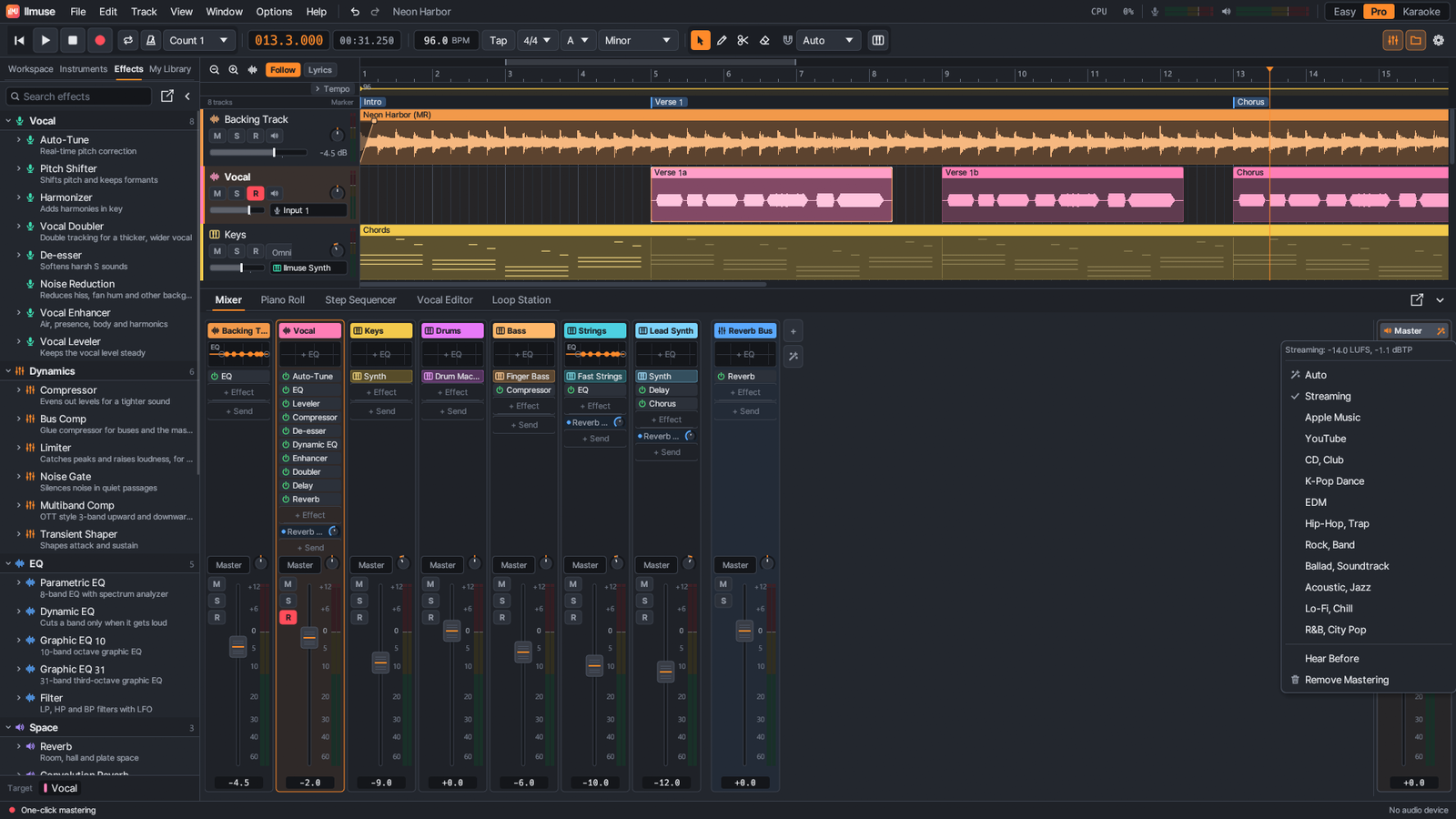 One-click mastering from the master strip, showing the Streaming template result in LUFS and dBTP
